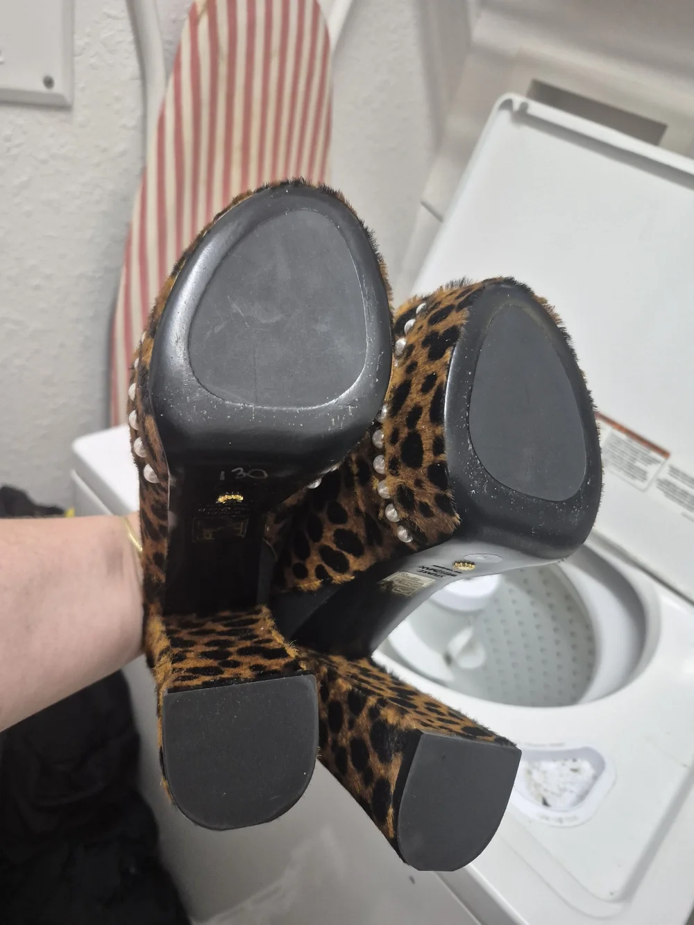 Nwt, Never Worn Stuart Weitzman Leopard Print Platform Pearl Trim Calfskin Slide